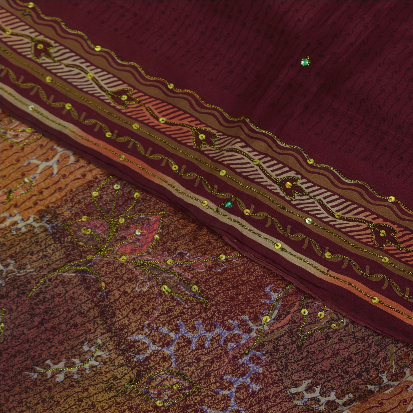 Sanskriti Vintage Sarees Purple Hand Beaded Pure Crepe Printed Sari 5+yd Sustainable Fabric