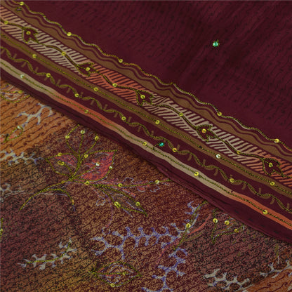 Sanskriti Vintage Sarees Purple Hand Beaded Pure Crepe Printed Sari 5+yd Sustainable Fabric
