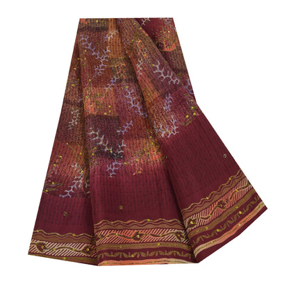 Sanskriti Vintage Sarees Purple Hand Beaded Pure Crepe Printed Sari 5+yd Sustainable Fabric