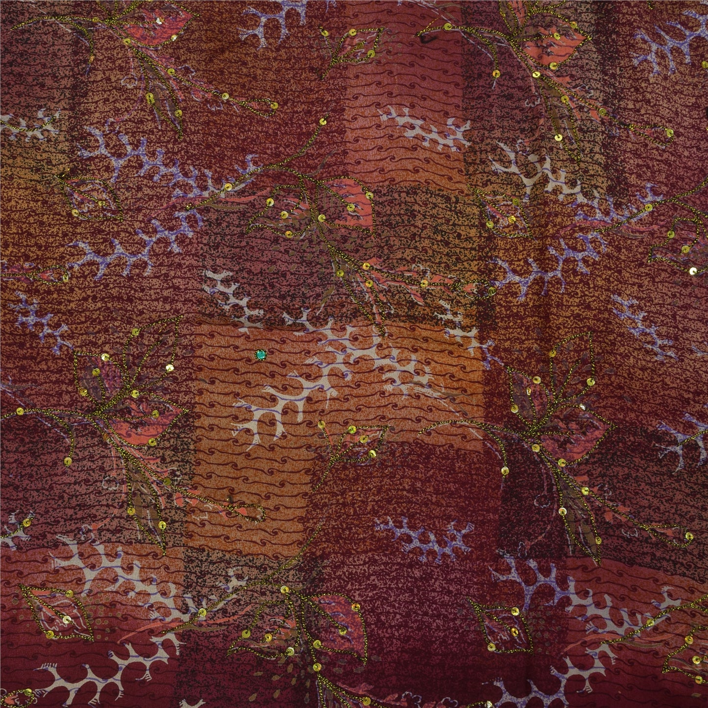 Sanskriti Vintage Sarees Purple Hand Beaded Pure Crepe Printed Sari 5+yd Sustainable Fabric