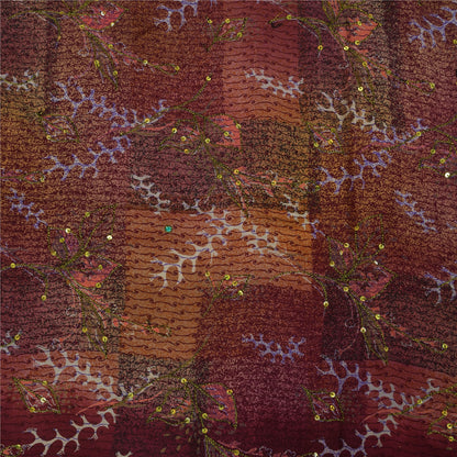 Sanskriti Vintage Sarees Purple Hand Beaded Pure Crepe Printed Sari 5+yd Sustainable Fabric