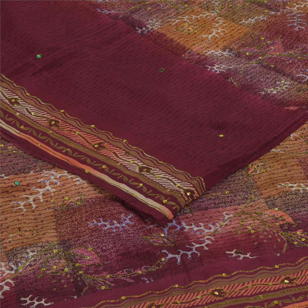 Sanskriti Vintage Sarees Purple Hand Beaded Pure Crepe Printed Sari 5+yd Sustainable Fabric