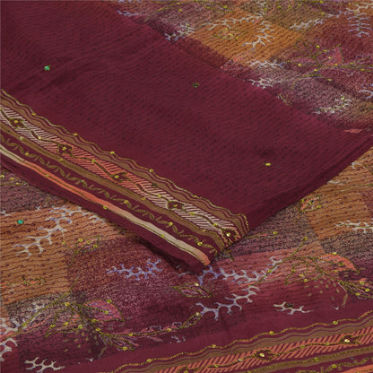 Sanskriti Vintage Sarees Purple Hand Beaded Pure Crepe Printed Sari 5+yd Sustainable Fabric