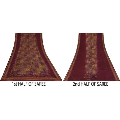 Sanskriti Vintage Sarees Purple Hand Beaded Pure Crepe Printed Sari 5+yd Sustainable Fabric