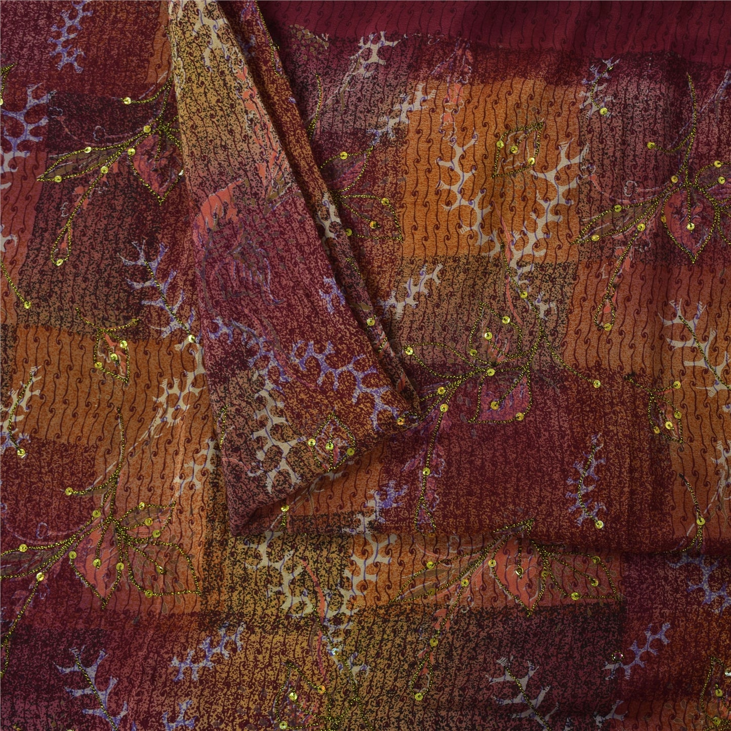 Sanskriti Vintage Sarees Purple Hand Beaded Pure Crepe Printed Sari 5+yd Sustainable Fabric