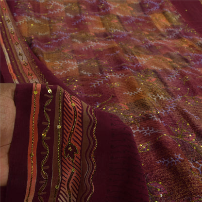 Sanskriti Vintage Sarees Purple Hand Beaded Pure Crepe Printed Sari 5+yd Sustainable Fabric