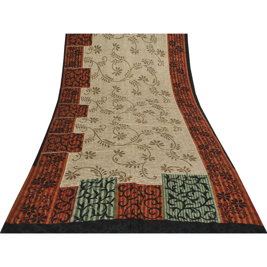 Sanskriti Vintage Sarees Ivory Pure Crepe Silk Printed Sari 5+yd Craft Sustainable Fabric