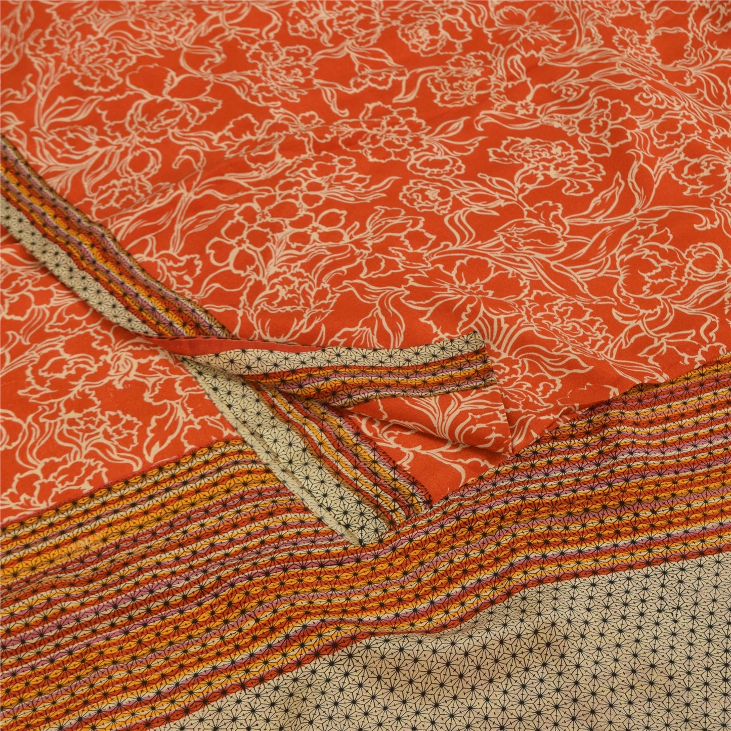 Sanskriti Vintage Sarees Orange Pure Crepe Silk Printed Sari 5+yd Craft Sustainable Fabric