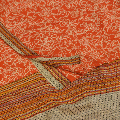 Sanskriti Vintage Sarees Orange Pure Crepe Silk Printed Sari 5+yd Craft Sustainable Fabric