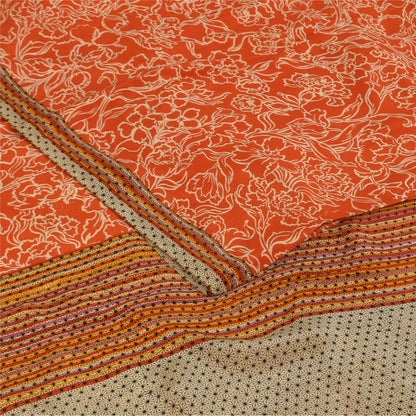 Sanskriti Vintage Sarees Orange Pure Crepe Silk Printed Sari 5+yd Craft Sustainable Fabric
