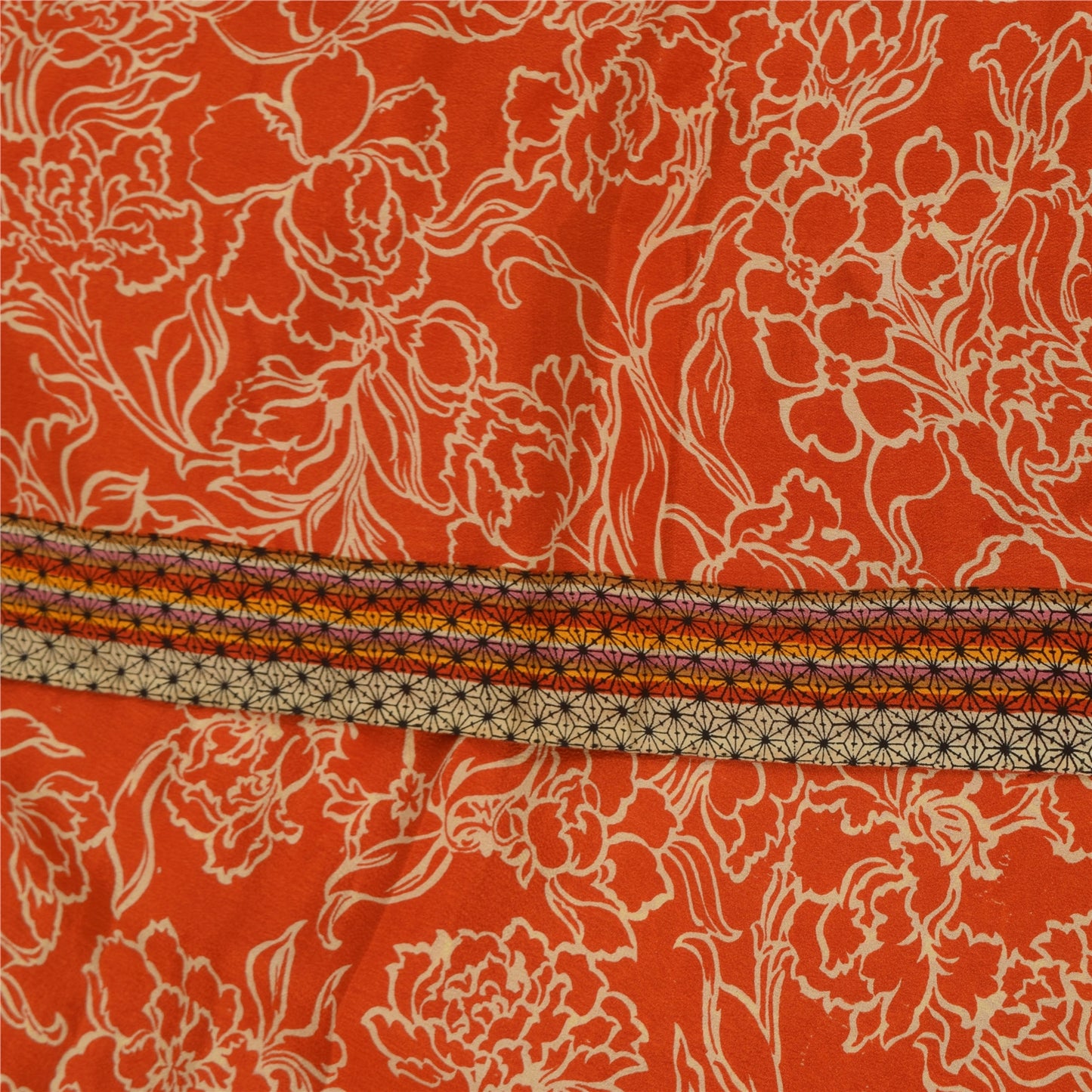 Sanskriti Vintage Sarees Orange Pure Crepe Silk Printed Sari 5+yd Craft Sustainable Fabric