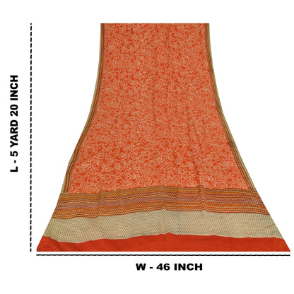 Sanskriti Vintage Sarees Orange Pure Crepe Silk Printed Sari 5+yd Craft Sustainable Fabric
