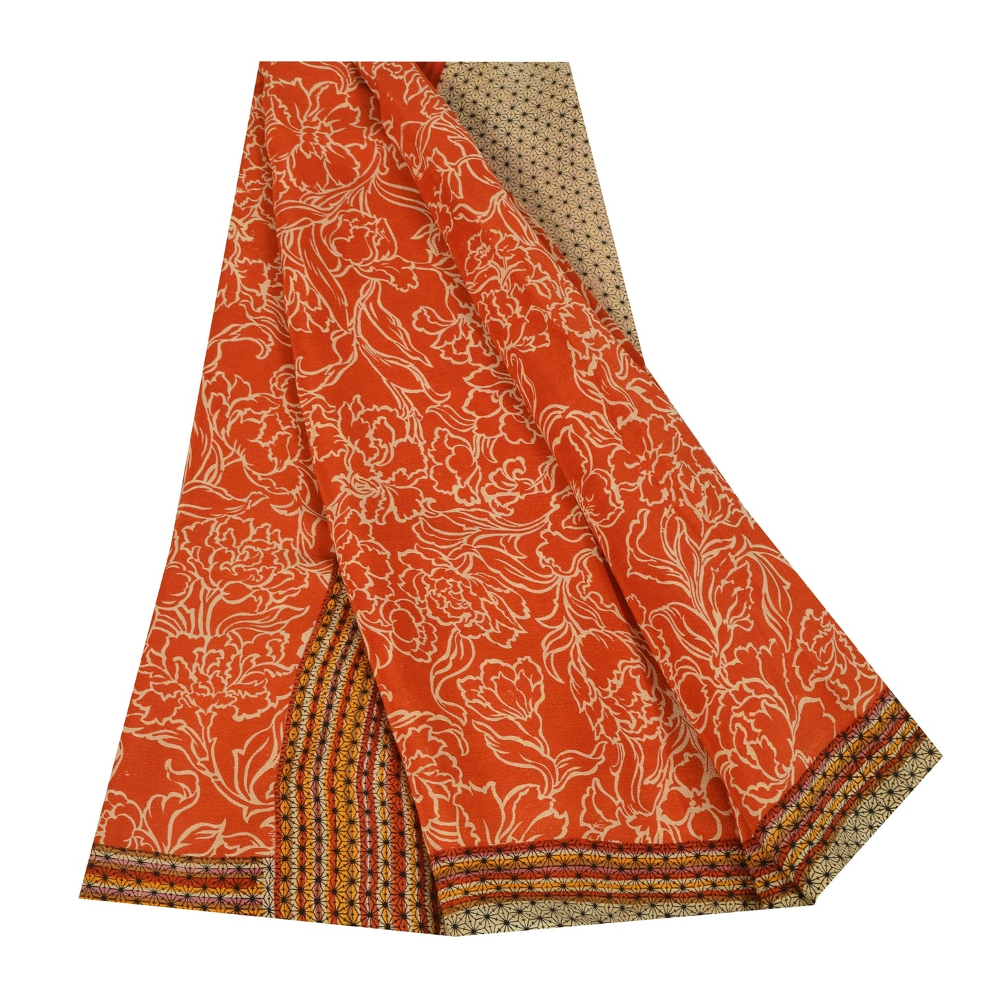 Sanskriti Vintage Sarees Orange Pure Crepe Silk Printed Sari 5+yd Craft Sustainable Fabric