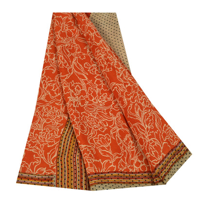 Sanskriti Vintage Sarees Orange Pure Crepe Silk Printed Sari 5+yd Craft Sustainable Fabric