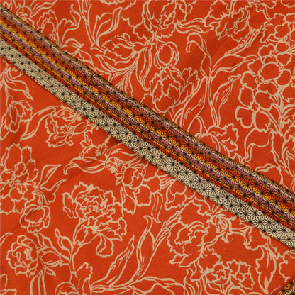 Sanskriti Vintage Sarees Orange Pure Crepe Silk Printed Sari 5+yd Craft Sustainable Fabric