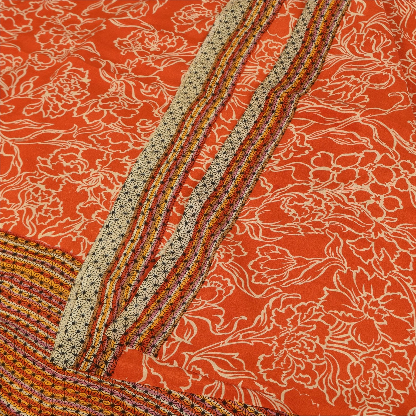 Sanskriti Vintage Sarees Orange Pure Crepe Silk Printed Sari 5+yd Craft Sustainable Fabric