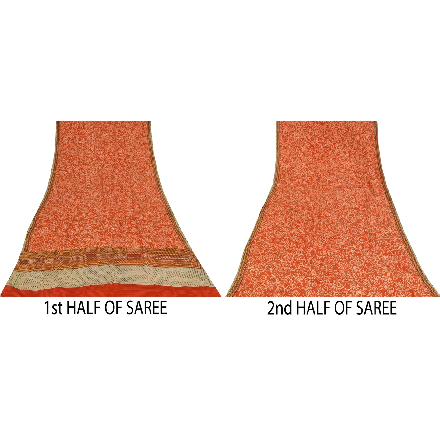 Sanskriti Vintage Sarees Orange Pure Crepe Silk Printed Sari 5+yd Craft Sustainable Fabric