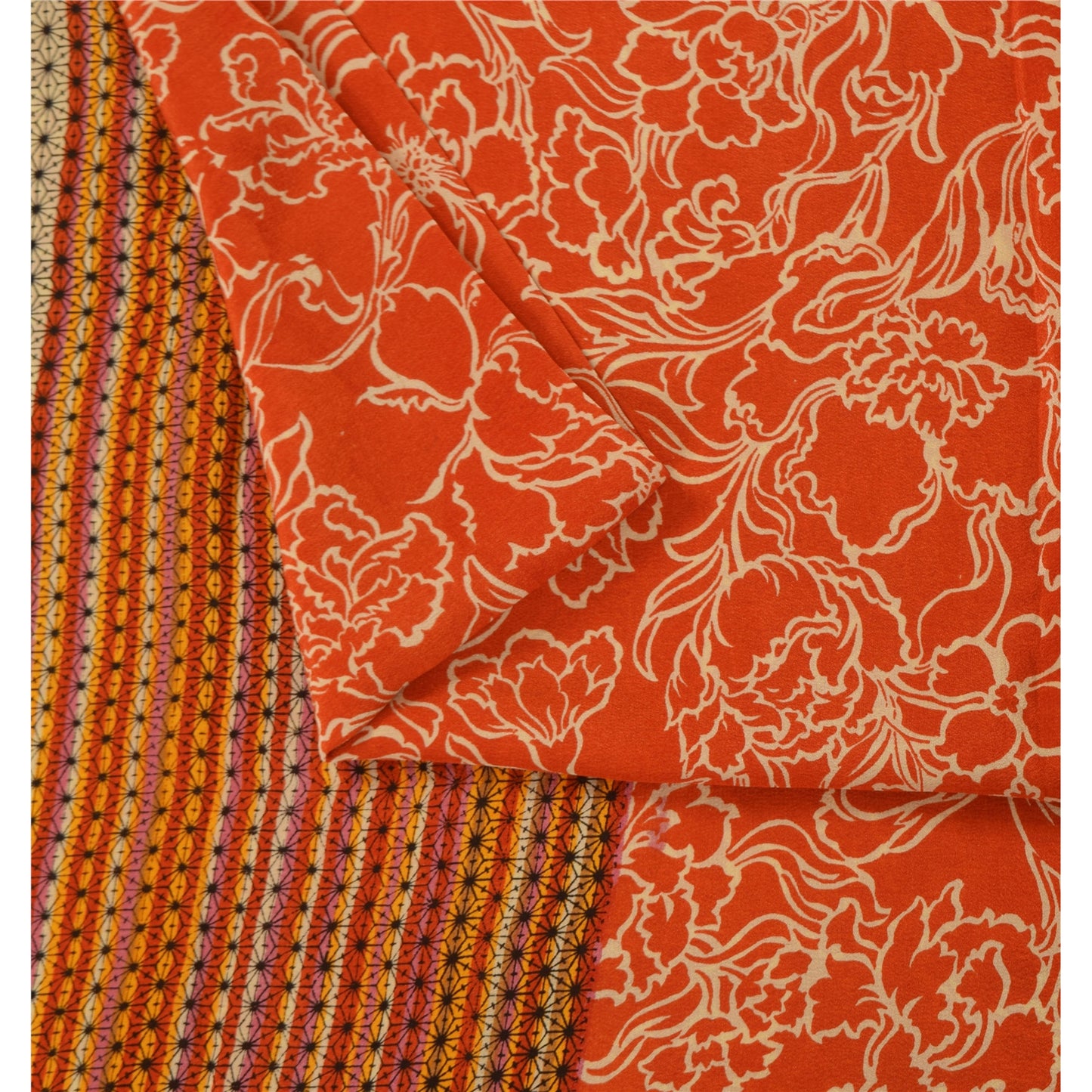 Sanskriti Vintage Sarees Orange Pure Crepe Silk Printed Sari 5+yd Craft Sustainable Fabric