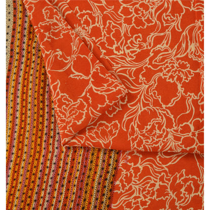 Sanskriti Vintage Sarees Orange Pure Crepe Silk Printed Sari 5+yd Craft Sustainable Fabric
