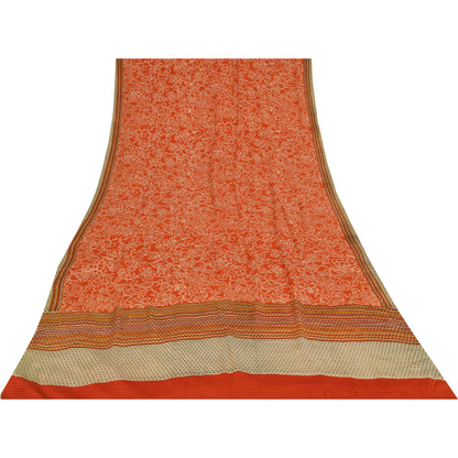 Sanskriti Vintage Sarees Orange Pure Crepe Silk Printed Sari 5+yd Craft Sustainable Fabric