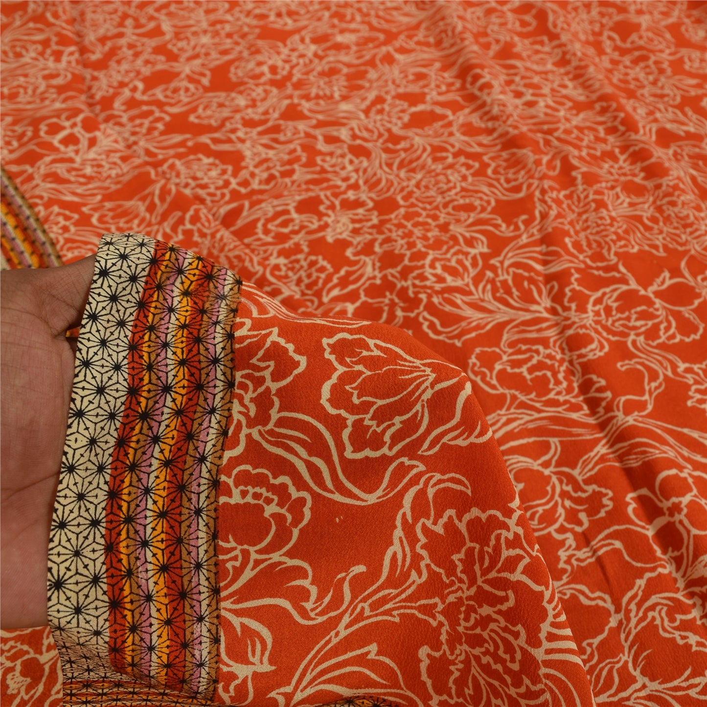 Sanskriti Vintage Sarees Orange Pure Crepe Silk Printed Sari 5+yd Craft Sustainable Fabric