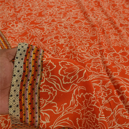 Sanskriti Vintage Sarees Orange Pure Crepe Silk Printed Sari 5+yd Craft Sustainable Fabric