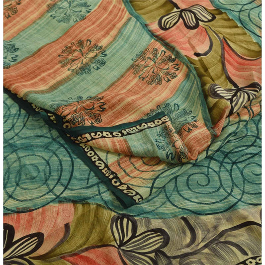 Sanskriti Vintage Sarees Multicolor Pure Crepe Silk Print Sari 5+yd Craft Fabric