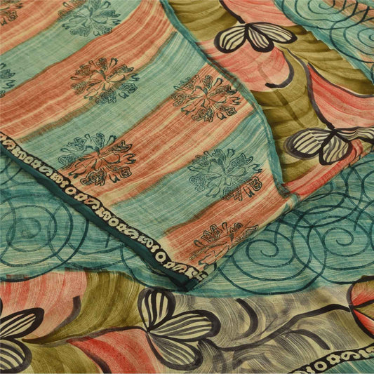 Sanskriti Vintage Sarees Multicolor Pure Crepe Silk Print Sari 5+yd Craft Fabric