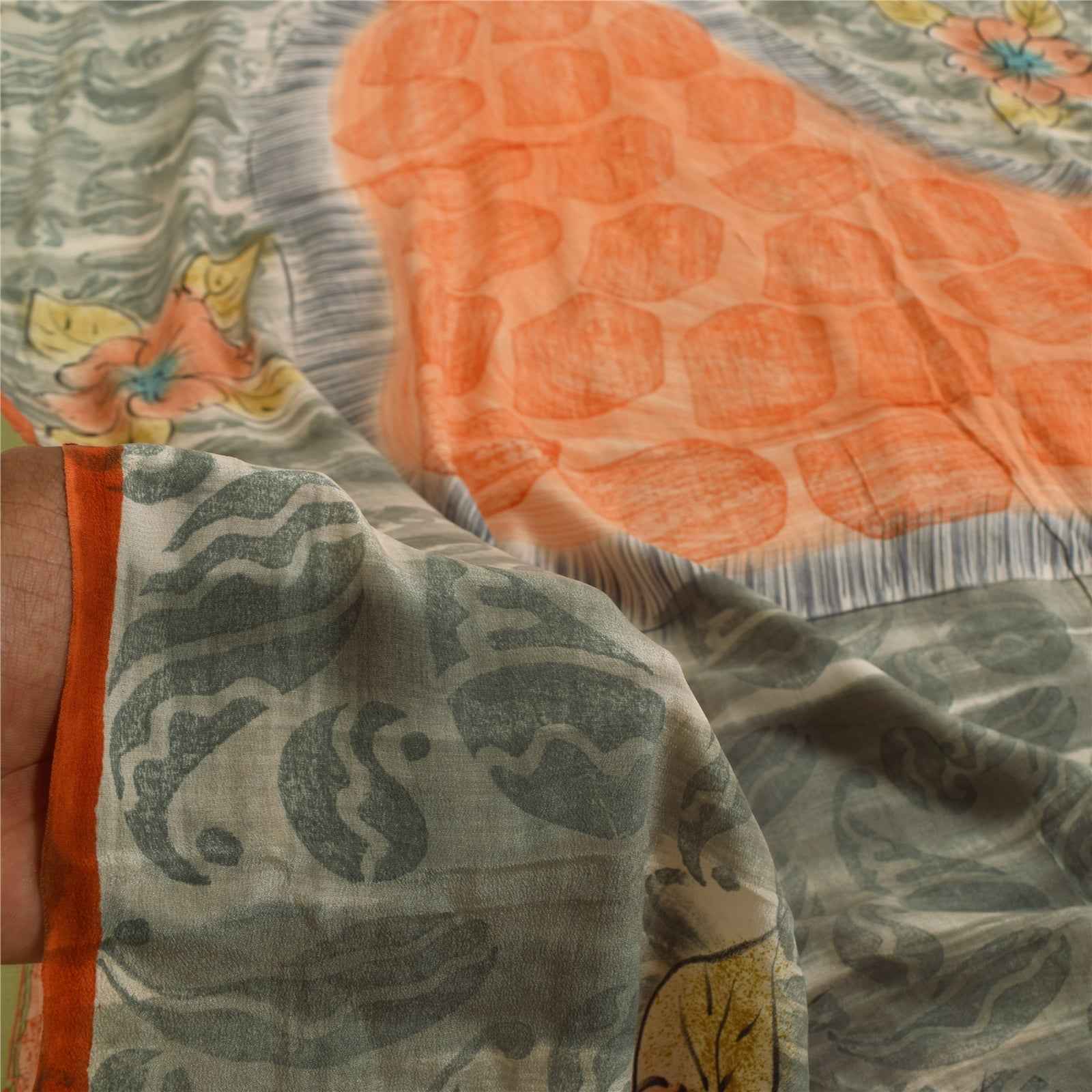 Sanskriti Vintage Sarees Orange & Gray Pure Crepe Printed Sari 5+yd Craft Fabric