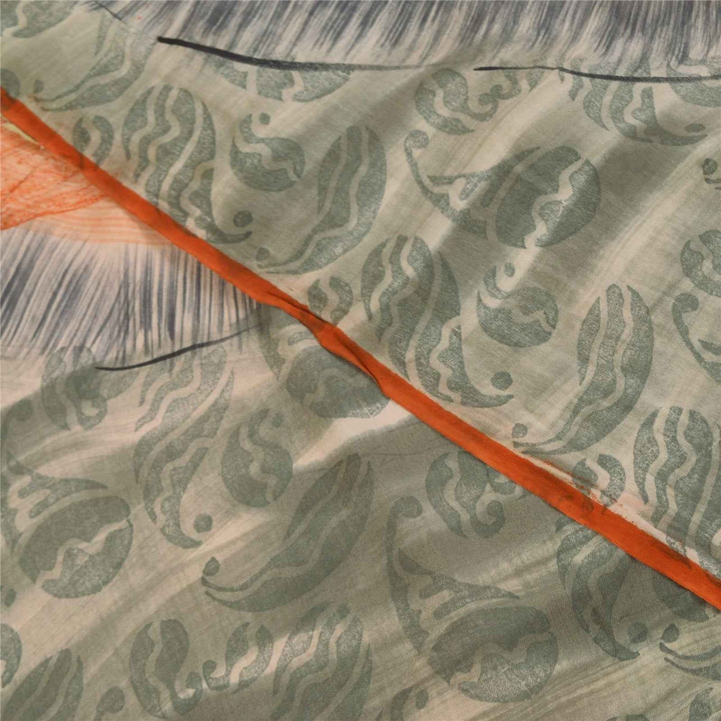 Sanskriti Vintage Sarees Orange & Gray Pure Crepe Printed Sari 5+yd Craft Fabric