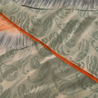Sanskriti Vintage Sarees Orange & Gray Pure Crepe Printed Sari 5+yd Craft Fabric