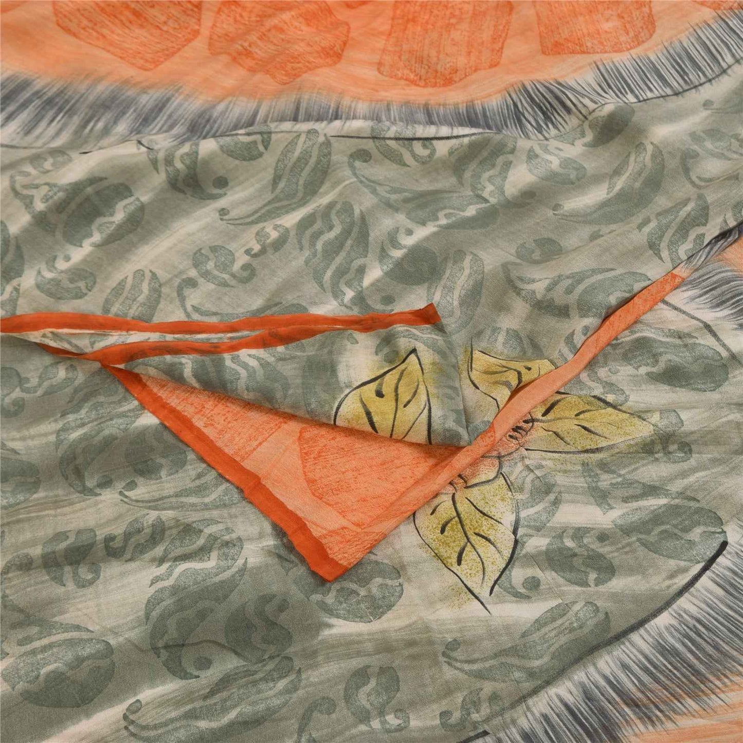 Sanskriti Vintage Sarees Orange & Gray Pure Crepe Printed Sari 5+yd Craft Fabric