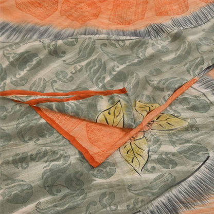 Sanskriti Vintage Sarees Orange & Gray Pure Crepe Printed Sari 5+yd Craft Fabric