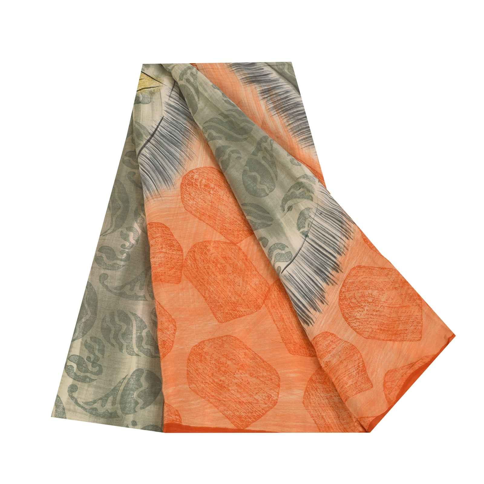 Sanskriti Vintage Sarees Orange & Gray Pure Crepe Printed Sari 5+yd Craft Fabric