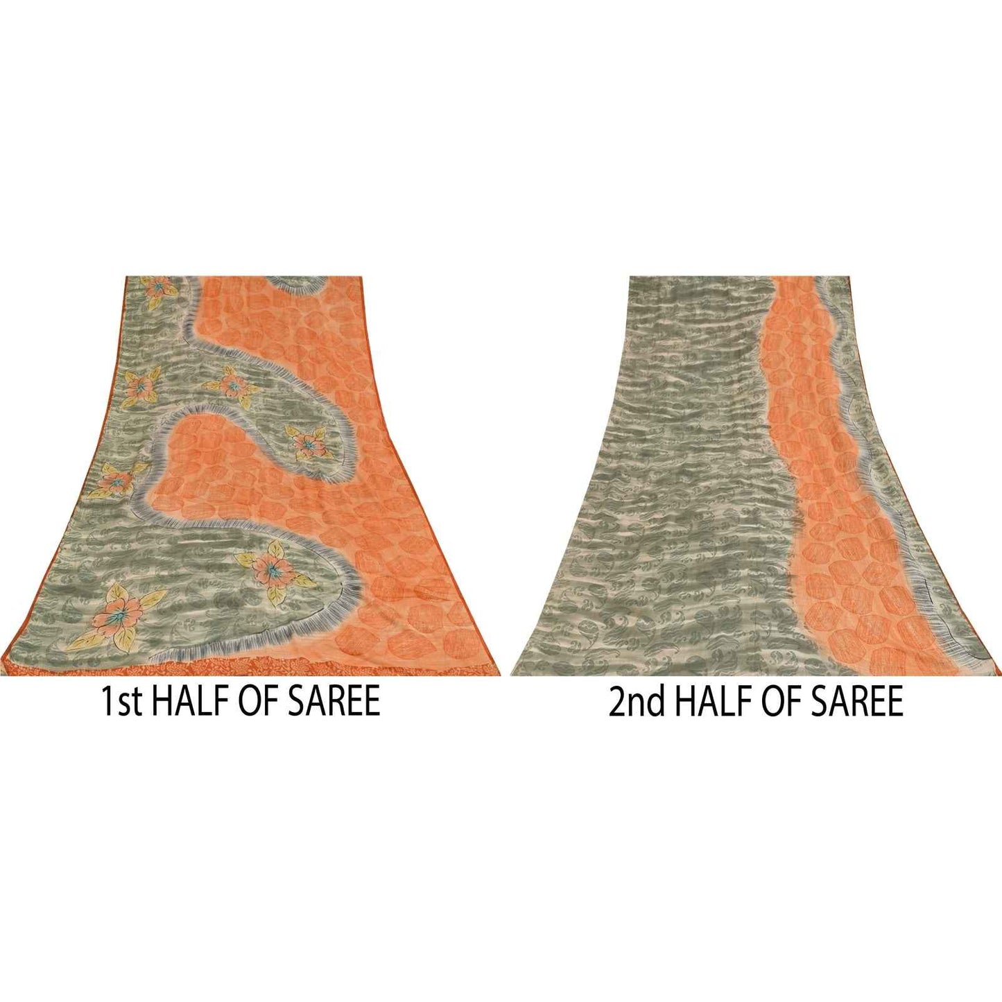 Sanskriti Vintage Sarees Orange & Gray Pure Crepe Printed Sari 5+yd Craft Fabric