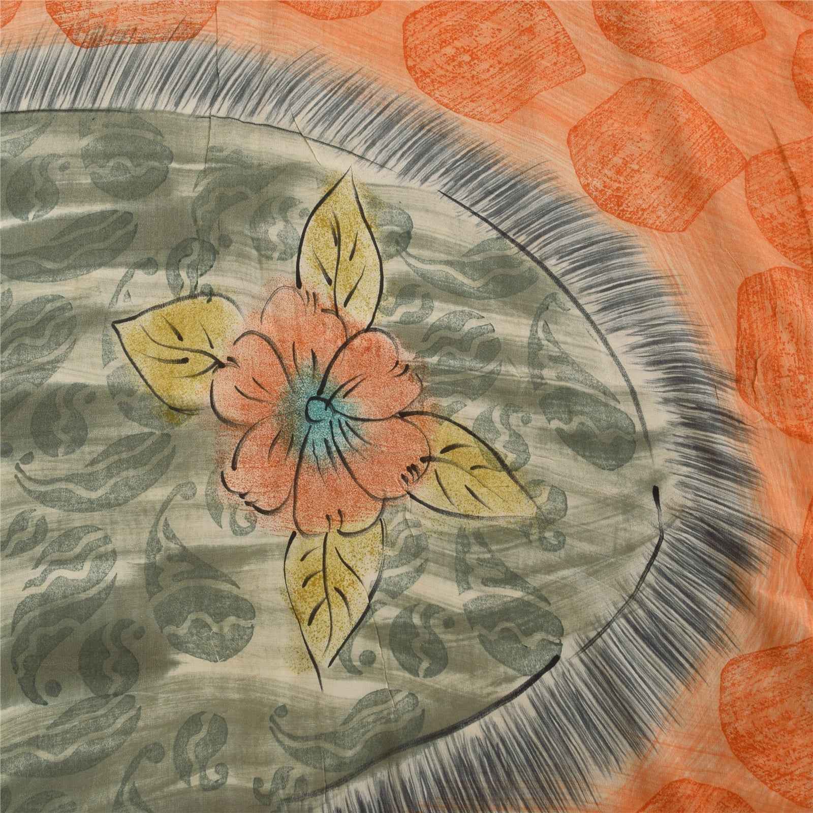 Sanskriti Vintage Sarees Orange & Gray Pure Crepe Printed Sari 5+yd Craft Fabric