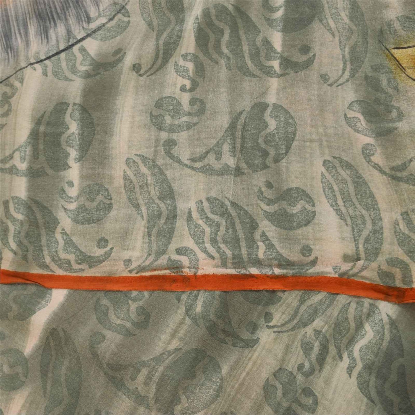 Sanskriti Vintage Sarees Orange & Gray Pure Crepe Printed Sari 5+yd Craft Fabric