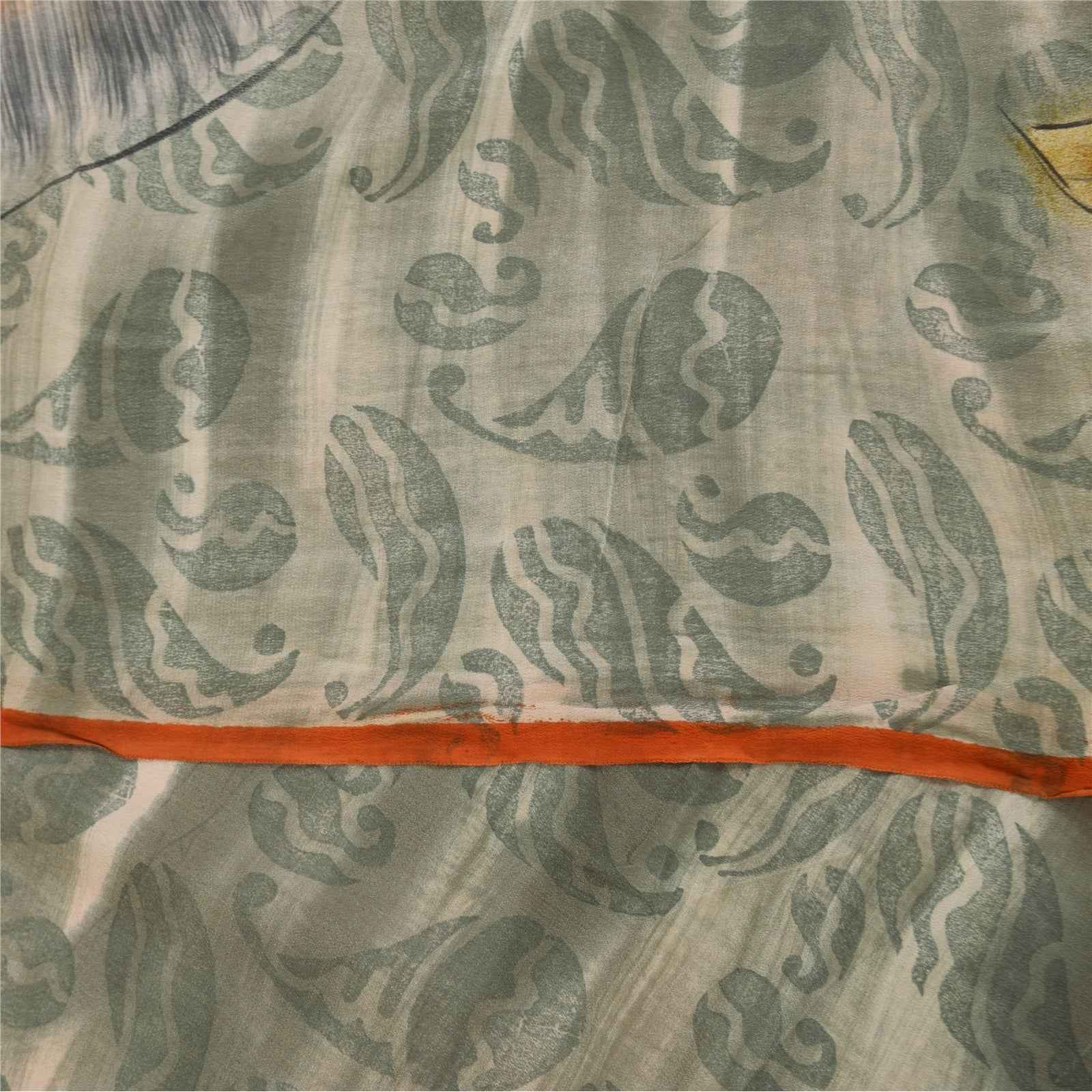 Sanskriti Vintage Sarees Orange & Gray Pure Crepe Printed Sari 5+yd Craft Fabric