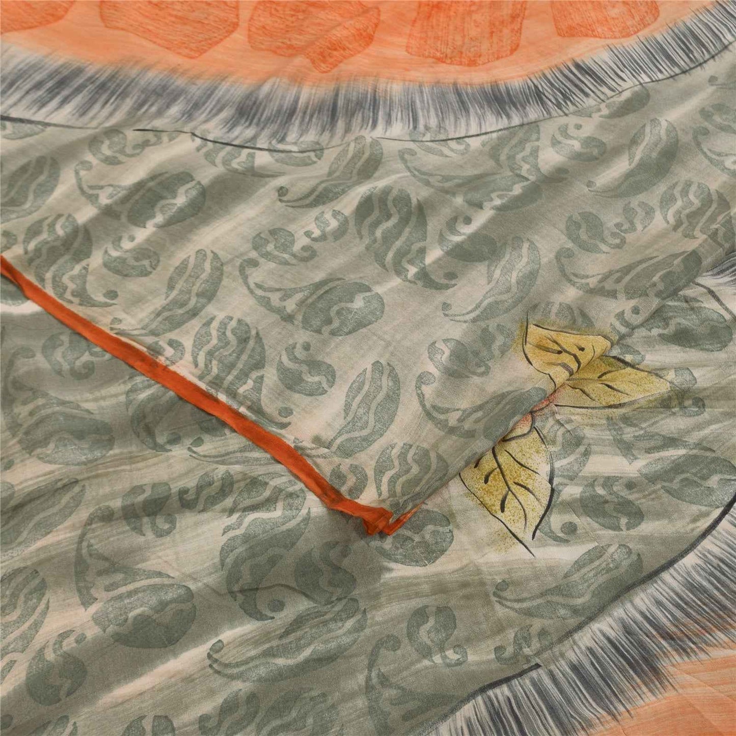 Sanskriti Vintage Sarees Orange & Gray Pure Crepe Printed Sari 5+yd Craft Fabric