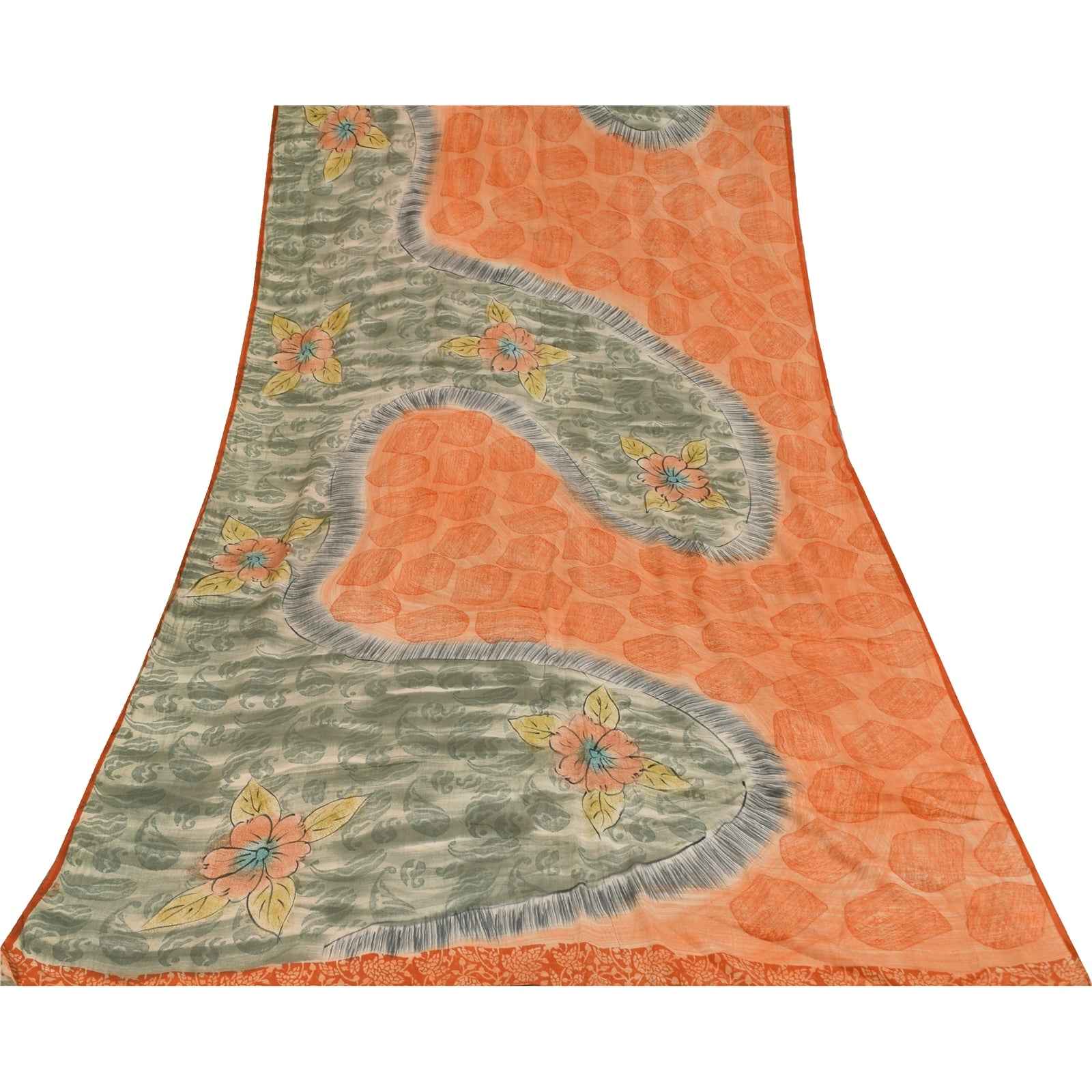 Sanskriti Vintage Sarees Orange & Gray Pure Crepe Printed Sari 5+yd Craft Fabric