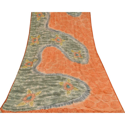 Sanskriti Vintage Sarees Orange & Gray Pure Crepe Printed Sari 5+yd Craft Fabric