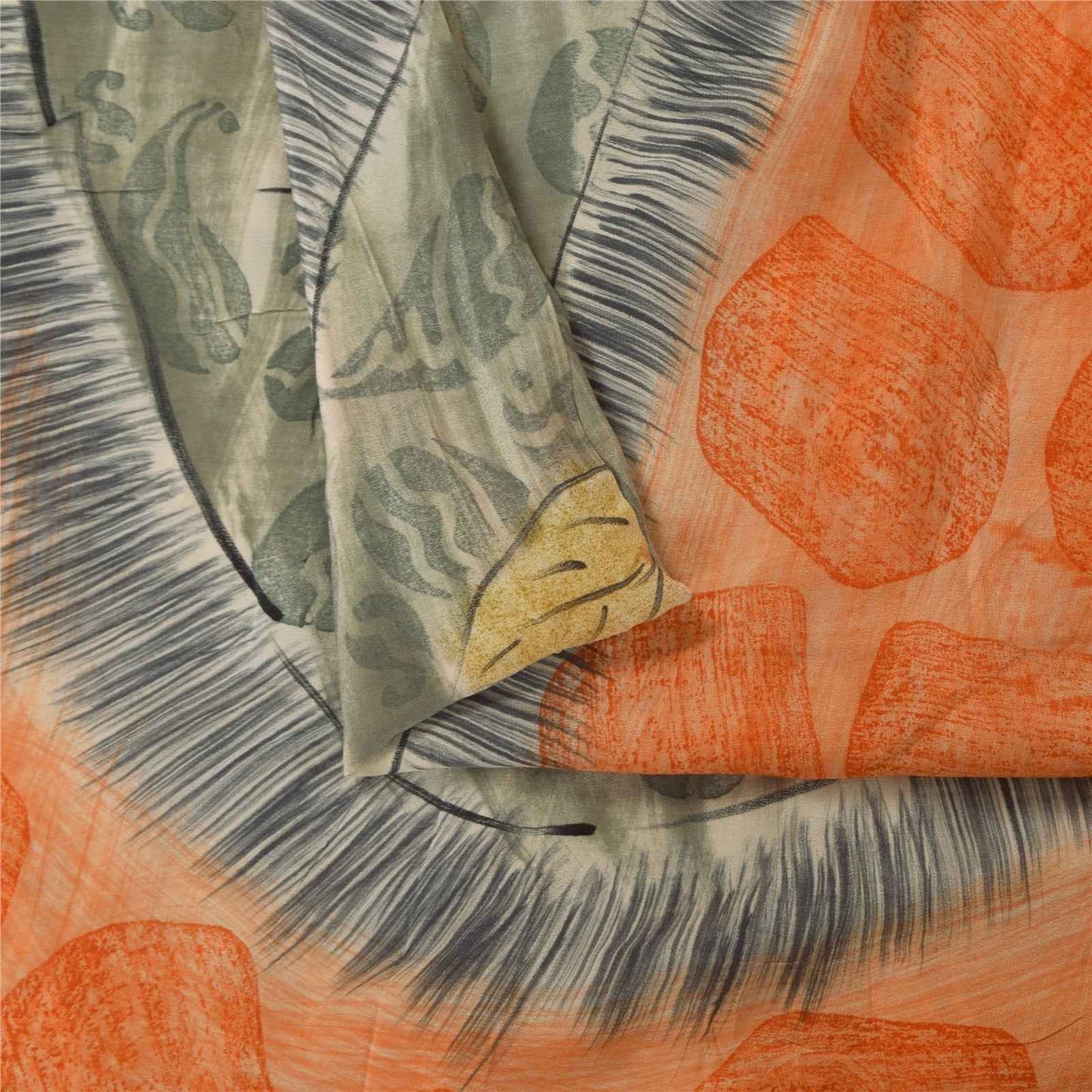 Sanskriti Vintage Sarees Orange & Gray Pure Crepe Printed Sari 5+yd Craft Fabric