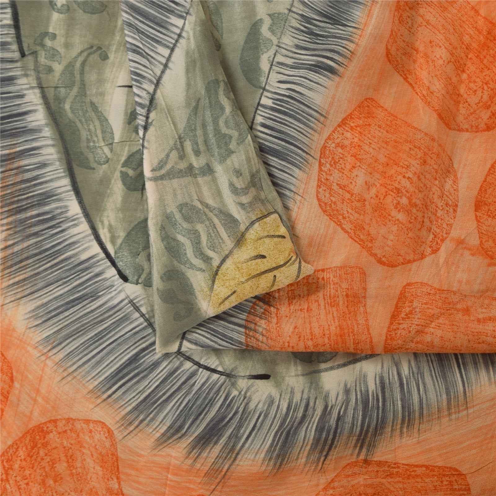Sanskriti Vintage Sarees Orange & Gray Pure Crepe Printed Sari 5+yd Craft Fabric