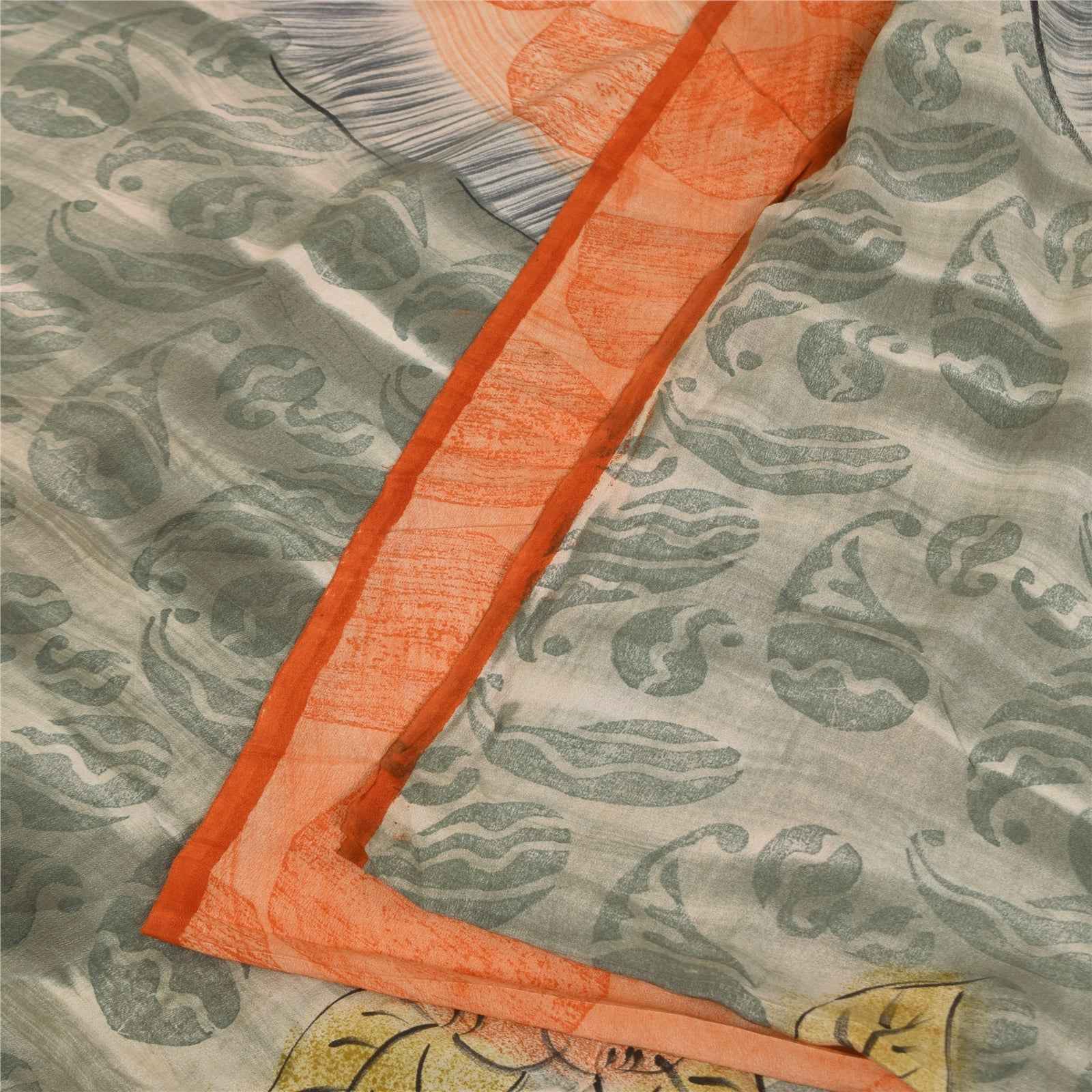 Sanskriti Vintage Sarees Orange & Gray Pure Crepe Printed Sari 5+yd Craft Fabric