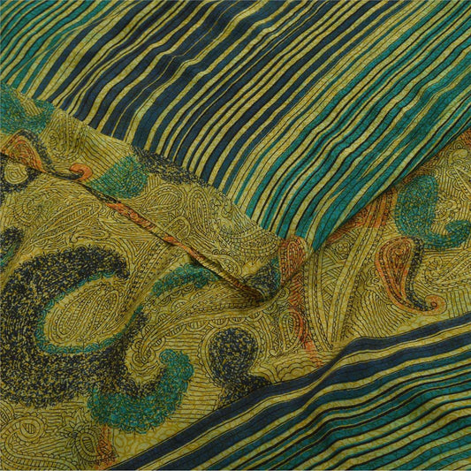 Sanskriti Vintage Sarees Green Pure Crepe Silk Printed Sari 5+yd Craft Fabric