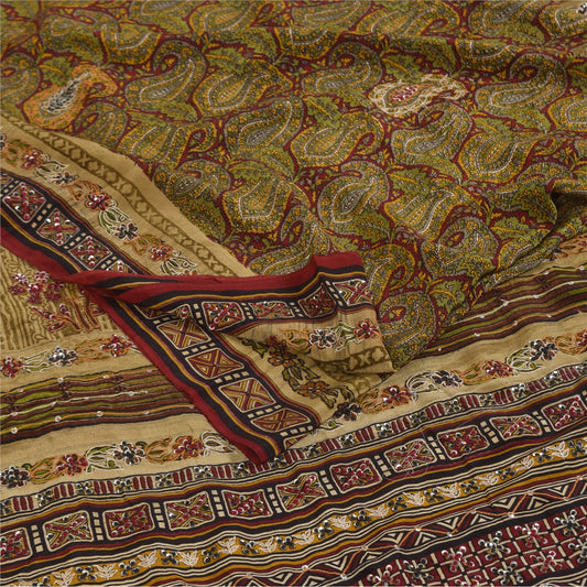 Sanskriti Vintage Sarees Red Hand Beaded 100%Pure Crepe Printed Sari 5+yd Fabric