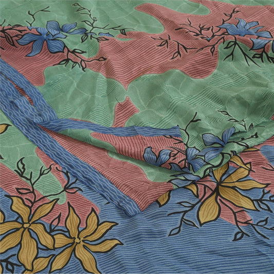 Sanskriti Vintage Sarees Multicolor Pure Crepe Silk Print Sari 5+yd Craft Sustainable Fabric