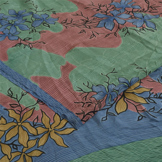 Sanskriti Vintage Sarees Multicolor Pure Crepe Silk Print Sari 5+yd Craft Sustainable Fabric