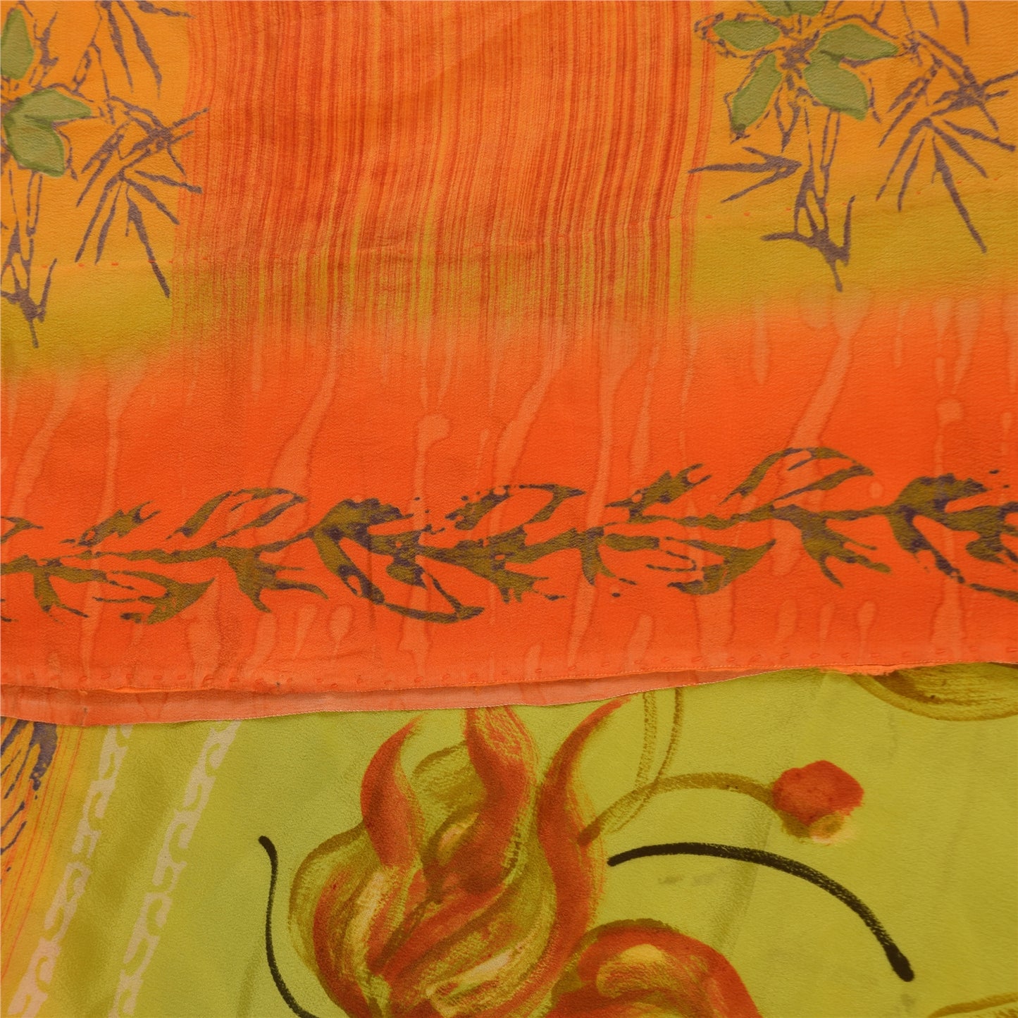 Sanskriti Vintage Sarees Orange Pure Crepe Silk Printed Sari 5+yd Craft Sustainable Fabric
