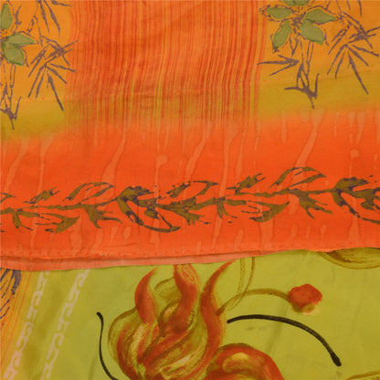 Sanskriti Vintage Sarees Orange Pure Crepe Silk Printed Sari 5+yd Craft Sustainable Fabric